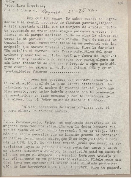 [Carta] 1962 octubre 28, Arequipa, Perú [a] Pedro Lira Urquieta, Santiago, Chile