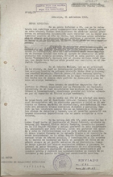 [Oficio consular N°26177] 1962 septiembre 21, Arequipa, Perú [al] Ministro de Relaciones Exteriores, Santiago, Chile