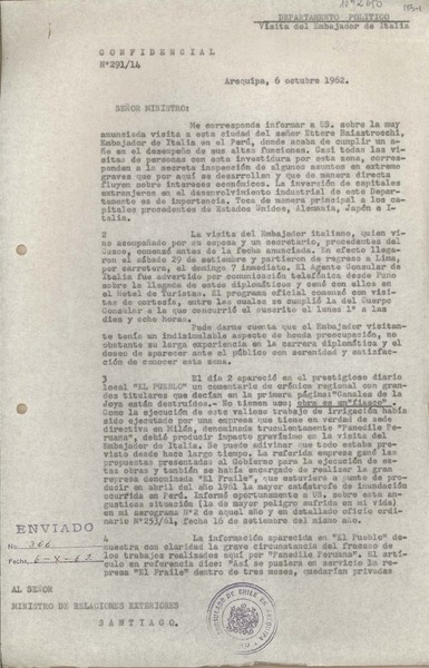 [Oficio consular N°29114] 1962 octubre 6, Arequipa, Perú [al] Ministro de Relaciones Exteriores, Santiago, Chile