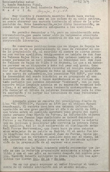 [Carta] 1963 enero 8, Arequipa, Perú [a] Ramón Menéndez Pidal, Madrid, España