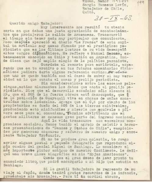 [Carta] 1963 septiembre 30, Arequipa, Perú [a] Sergio Huneeus Lavín, Quito, Ecuador