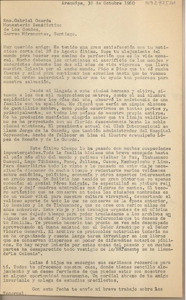 [Carta] 1960 octubre 30, Arequipa, Perú [a] Gabriel Guarda, Santiago, Chile