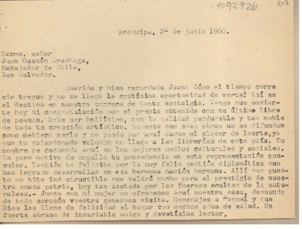 [Carta] 1960 junio 20, Arequipa, Perú [a] Juan Guzmán Cruchaga, San Salvador