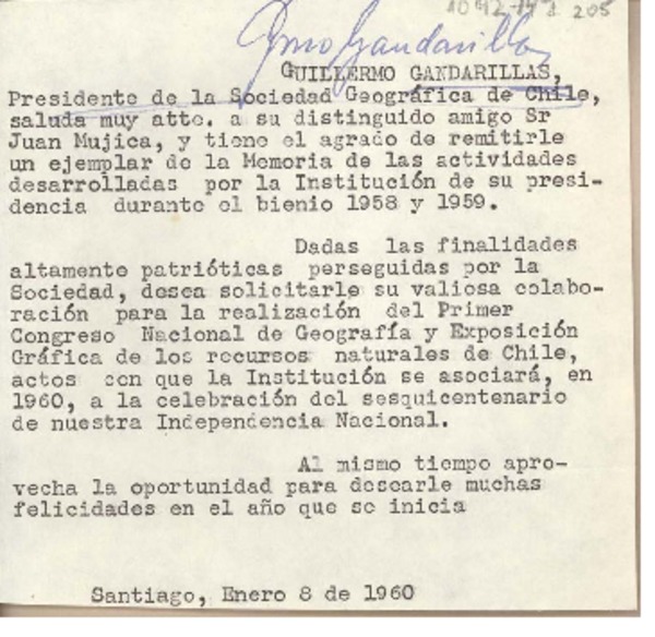 [Carta] 1960 enero 8, Santiago, Chile [a] Juan Mujica, Arequipa, Perú