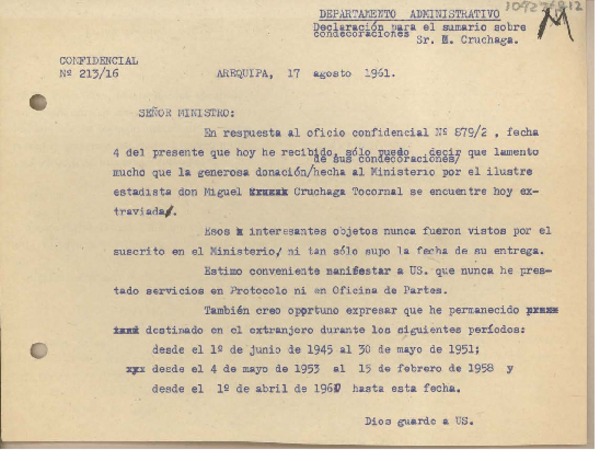 [Oficio Consular N°21316] 1961 agosto 17, Arequipa, Perú [al] Ministro de Relaciones Exteriores, Santiago, Chile