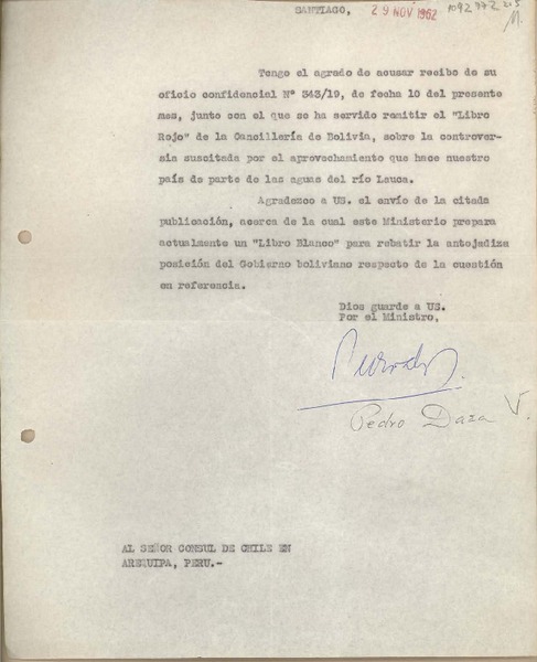 [Carta] 1962 noviembre 29, Santiago, Chile [a] Juan Mujica, Arequipa, Perú