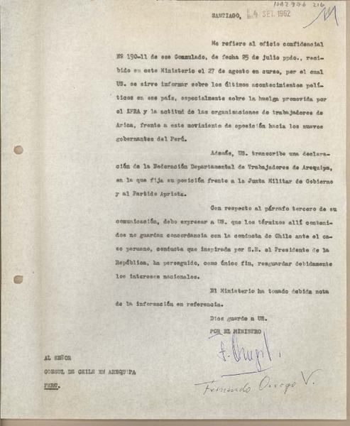 [Carta] 1962 septiembre 4, Santiago, Chile [a] Juan Mujica, Arequipa, Perú