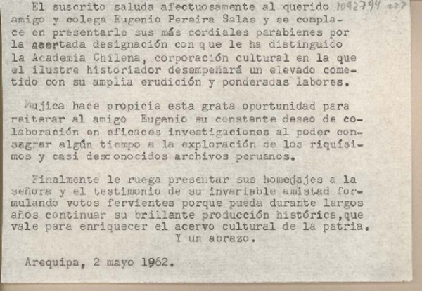 [Carta] 1962 mayo 2, Arequipa, Perú [a] Eugenio Pereira Salas.