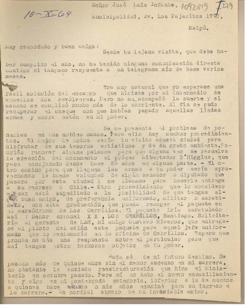[Carta] 1964 octubre 10, Lima, Perú [a] José Luis Infante, Santiago, Chile