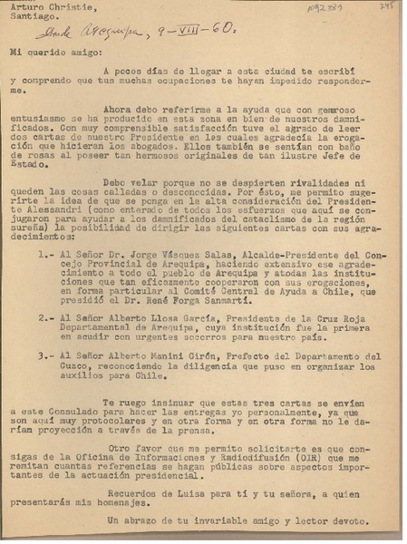 [Carta] 1960 agosto 9, Arequipa, Perú [a] Arturo Christie M., Santiago, Chile