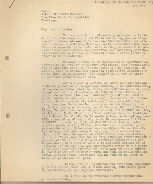 [Carta] 1960 octubre 24, Arequipa, Perú [a] Arturo Christie Merlini, Santiago, Chile
