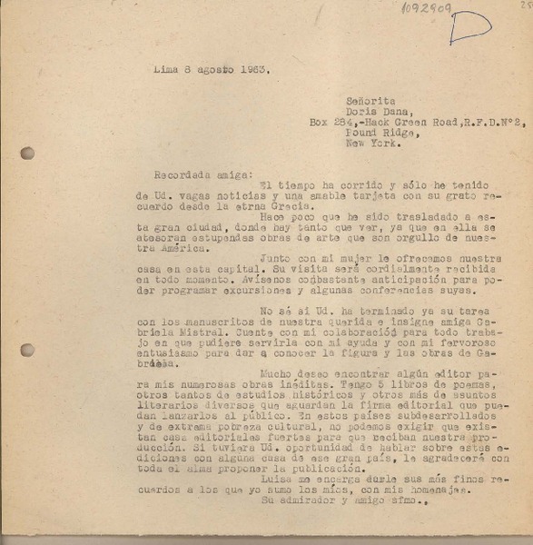 [Carta] 1963 agosto 8, Lima, Perú [a] Doris Dana, New York
