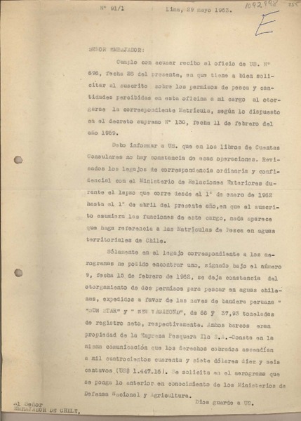 [Oficio consular N°911] 1963 mayo 29, Lima, Perú [al] Embajador de Chile en Lima, Perú