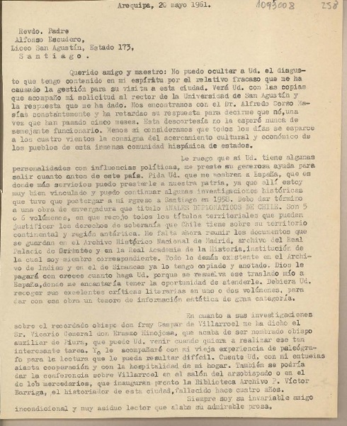 [Carta] 1961 mayo 20, Arequipa, Perú [a] Alfonso Escudero, Santiago, Chile