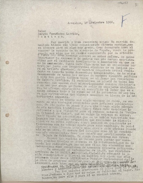 [Carta] 1962 noviembre 18, Arequipa, Perú [a] Sergio Fernández Larraín, Santiago, Chile