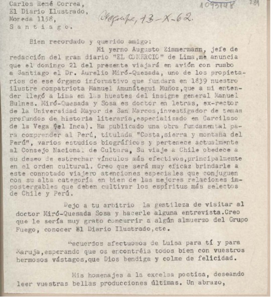 [Carta] 1962 octubre 13, Arequipa, Perú [a] Carlos René Correa, Santiago, Chile