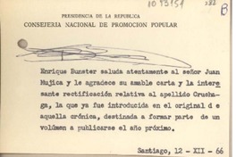 [Tarjeta] 1966 diciembre 12, Santiago, Chile [a] Juan Mujica de la Fuente