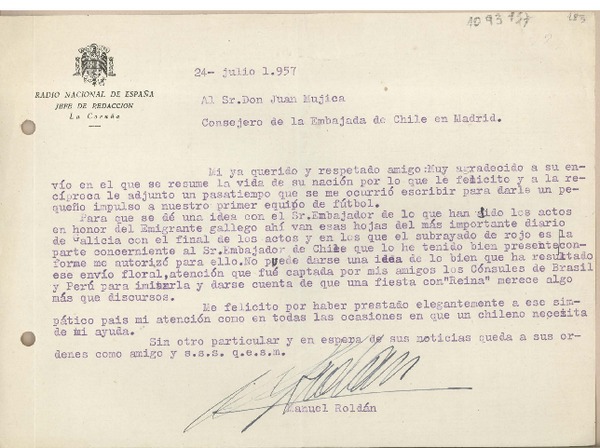 [Carta] 1957 julio 24, La Coruña, España [a] Juan Mujica de la Fuente, Madrid, España