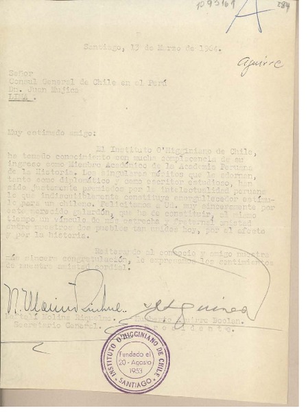 [Carta] 1964 marzo 13, Santiago, Chile [a] Juan Mujica de la Fuente, Lima, Perú