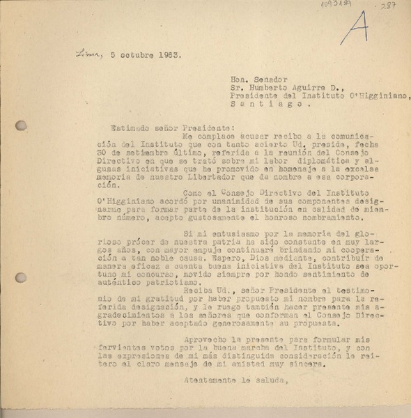 [Carta] 1963 octubre 5, Lima, Perú [a] Humberto Aguirre Doolan, Santiago, Chile