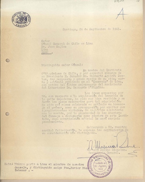 [Carta] 1963 septiembre 24, Santiago, Chile [a] Juan Mujica de la Fuente, Lima, Perú