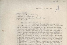 [Carta] 1962 octubre 13, Arequipa, Perú [a] Domingo Amunátegui Lecaros, Santiago, Chile