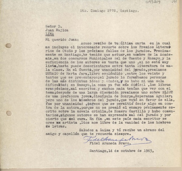 [Carta] 1963 octubre 14, Santiago, Chile [a] Juan Mujica de la Fuente, Lima, Perú