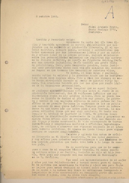 [Carta] 1963 octubre 8, Lima, Perú [a] Fidel Araneda Bravo, Santiago, Chile