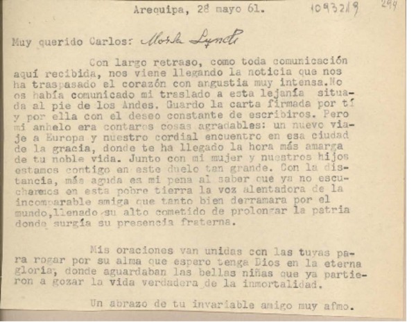 [Carta] 1961 mayo 28, Arequipa, Perú [a] Carlos Morla Lynch, [España]
