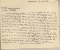 [Carta] 1961 junio 18, Arequipa, Perú [a] Carlos Morla Vicuña, Madrid, España