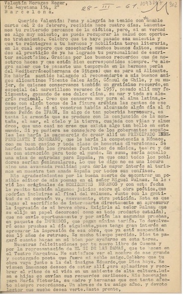 [Carta] 1961 marzo 28, Arequipa, Perú [a] Valentín Moragas Roger, Barcelona, España