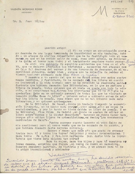 [Carta] 1961 febrero 2, Barcelona, España [a] Juan Mujica, Arequipa, Perú