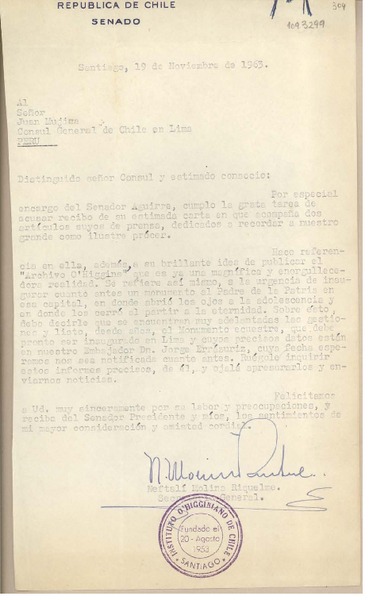 [Carta] 1963 noviembre 19, Santiago, Chile [a] Juan Mujica de la Fuente, Lima, Perú