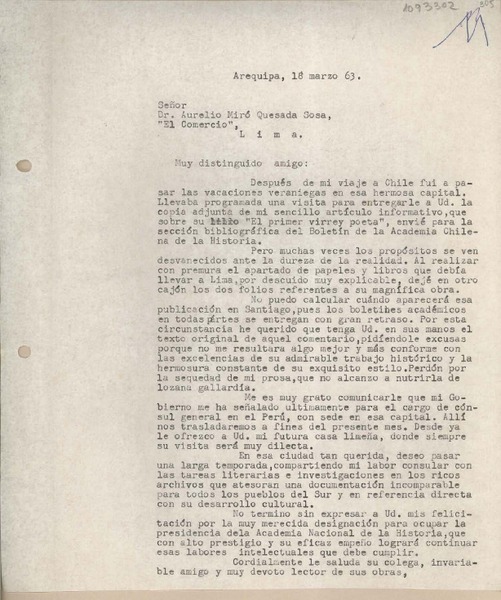 [Carta] 1963 marzo 18, Arequipa, Perú [a] Aurelio Miró-Quesada, Lima, Perú