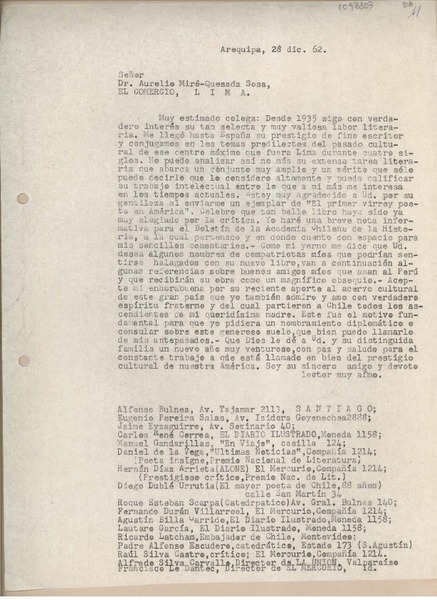 [Carta] 1962 diciembre 28, Arequipa, Perú [a] Aurelio Miró-Quesada, Lima, Perú