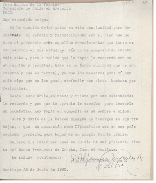 [Carta] 1960 junio 23, Santiago, Chile [a] Juan Mujica, Arequipa, Perú