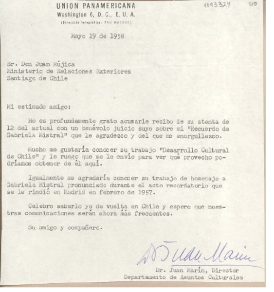 [Carta] 1958 mayo 19, Washington D.C. [a] Juan Mujica, Santiago, Chile