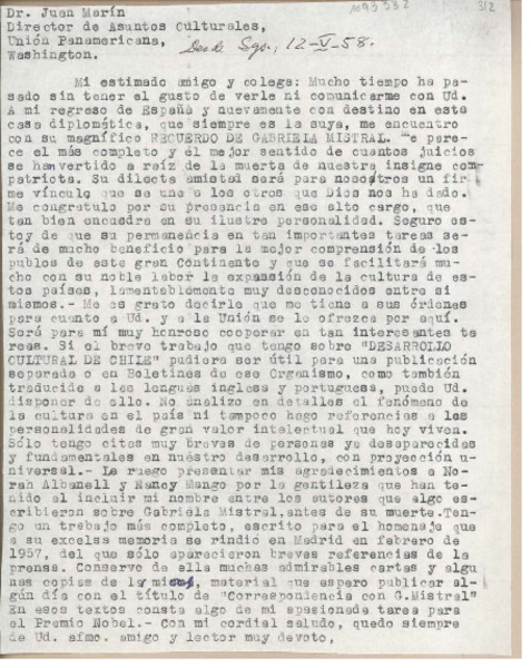 [Carta] 1958 mayo 12, Santiago, Chile [a] Juan Marín, Washington D.C.