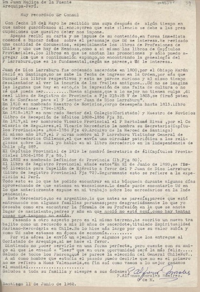 [Carta] 1962 junio 11, Santiago, Chile [a] Juan Mujica, Arequipa, Perú