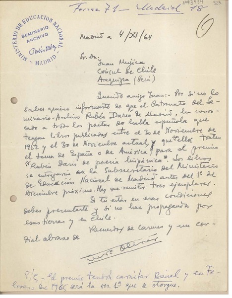 [Carta] 1964 noviembre 4, Madrid, España [a] Juan Mujica, Lima, Perú