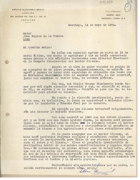 [Carta] 1964 mayo 14, Santiago, Chile [a] Juan Mujica, Lima, Perú