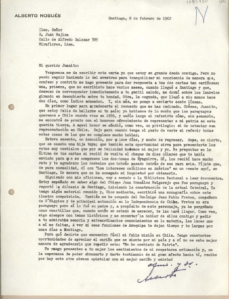 [Carta] 1962 febrero 3, Santiago, Chile [a] Juan Mujica, Arequipa, Perú
