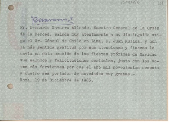 [Carta] 1963 diciembre 19, Roma, Italia [a] Juan Mujica, Lima, Perú