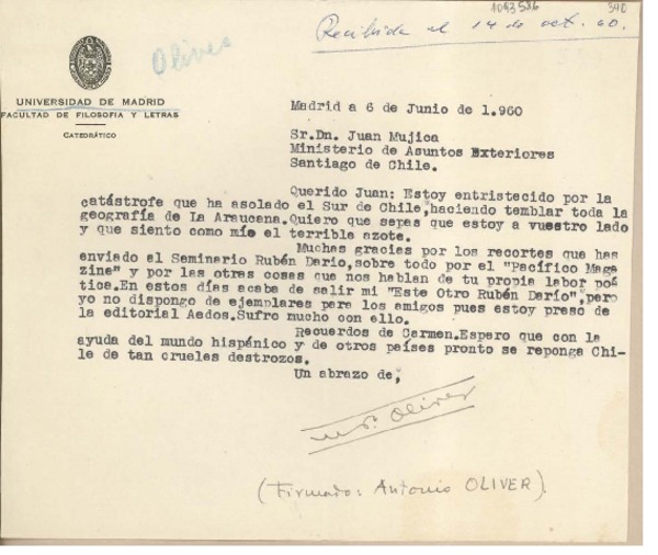[Carta] 1960 junio 6, Madrid, España [a] Juan Mujica, Santiago, Chile