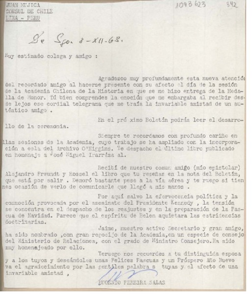 [Carta] 1963 diciembre 8, Santiago, Chile [a] Juan Mujica, Lima, Perú