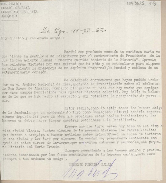 [Carta] 1962 julio 11, Santiago, Chile [a] Juan Mujica, Arequipa, Perú