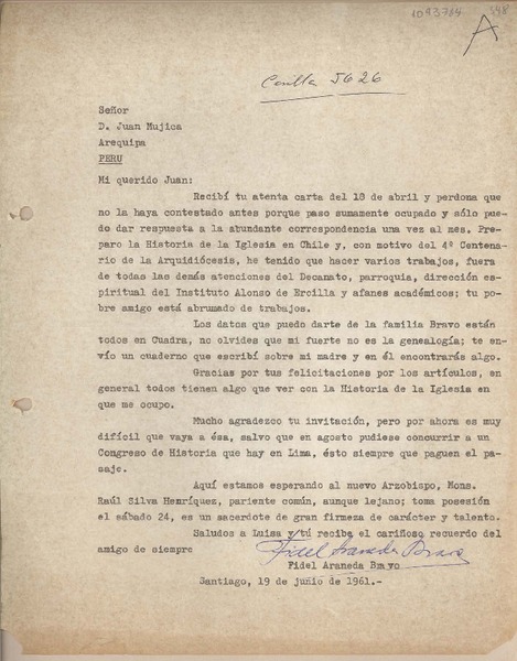 [Carta] 1961 junio 19, Santiago, Chile [a] Juan Mujica, Arequipa, Perú