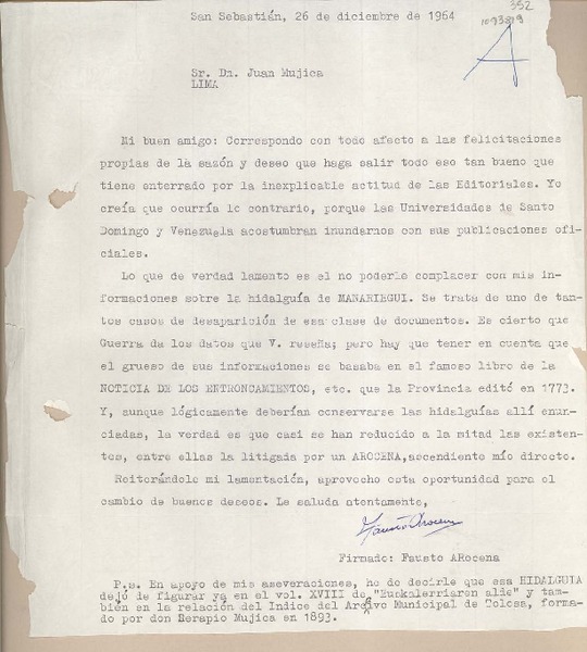 [Carta] 1964 diciembre 26, San Sebastián, Guipúzcoa [a] Juan Mujica, Lima, Perú