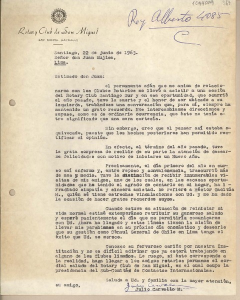 [Carta] 1963 junio 22, Santiago, Chile [a] Juan Mujica, Lima, Perú