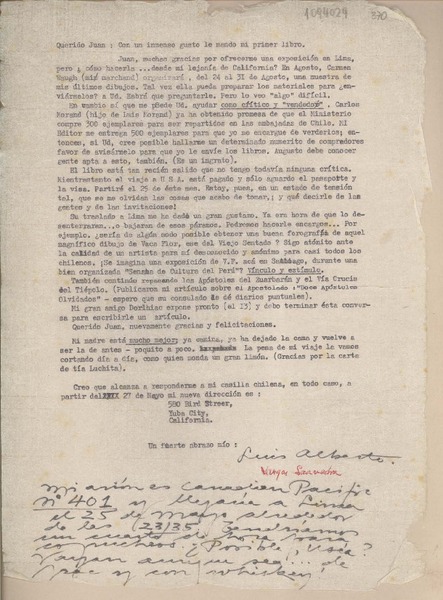 [Carta] [1963], Santiago, Chile [a] Juan Mujica, Lima, Perú